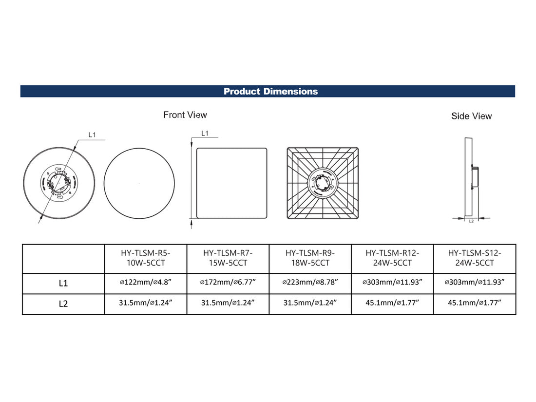 Honya HY-TLSM-R9-18W-5CCT LED Trimless Downlight Dimensions