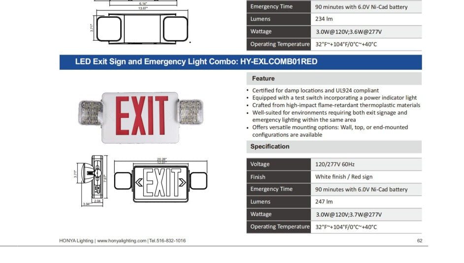 Honya LED Exit Sign Combo Red 4.6W 100-277V product image 2