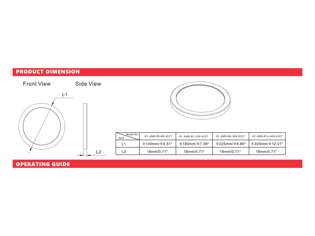 Honya HY-SMD-R5-10W-3CCT LED Surface Mount Downlight Dimensions
