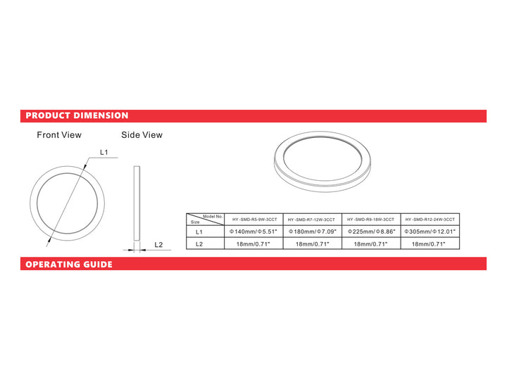 Honya HY-SMD-R5-10W-3CCT LED Surface Mount Downlight Dimensions