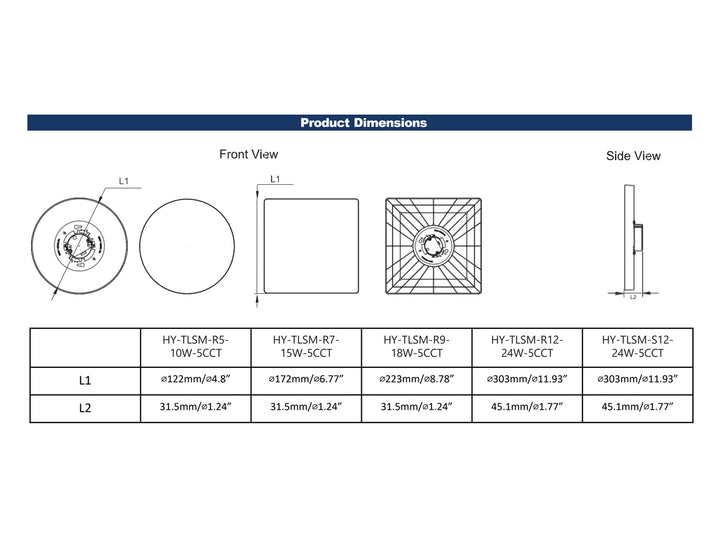 Honya HY-TLSM-R9-18W-5CCT LED Trimless Downlight Dimensions