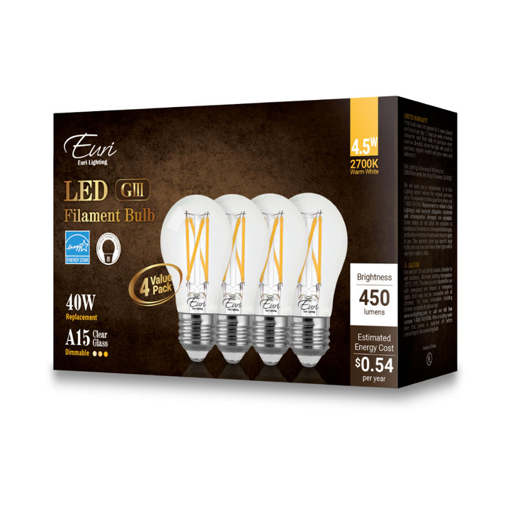 Euri Lighting A15 LED Bulb - 4.5W / 40W Equivalent - 2700K - VA15-3020E-4 packaging image