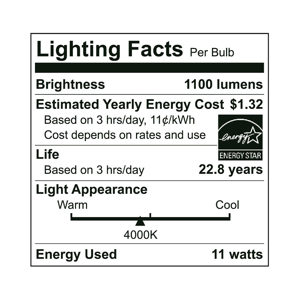 Euri Lighting A19 LED Bulb - 11W / 75W Equivalent - 4000K - EA19-11W2040EG-2 specification image