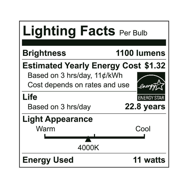 Euri Lighting A19 LED Bulb - 11W / 75W Equivalent - 4000K - EA19-11W2040EG-2 specification image