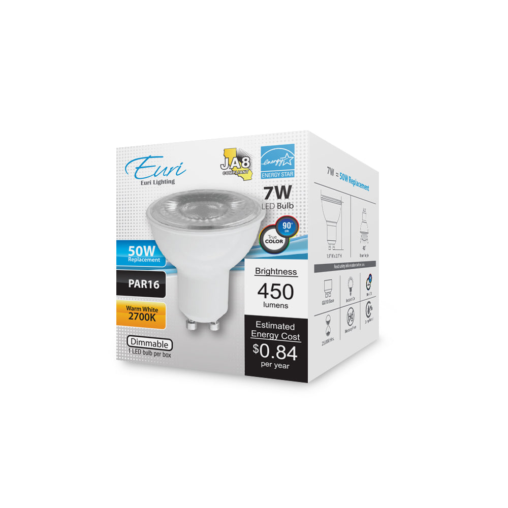 Euri Lighting PAR16 LED Lamp - 7W / 50W Equivalent - 2700K - EP16-4020EW packaging image