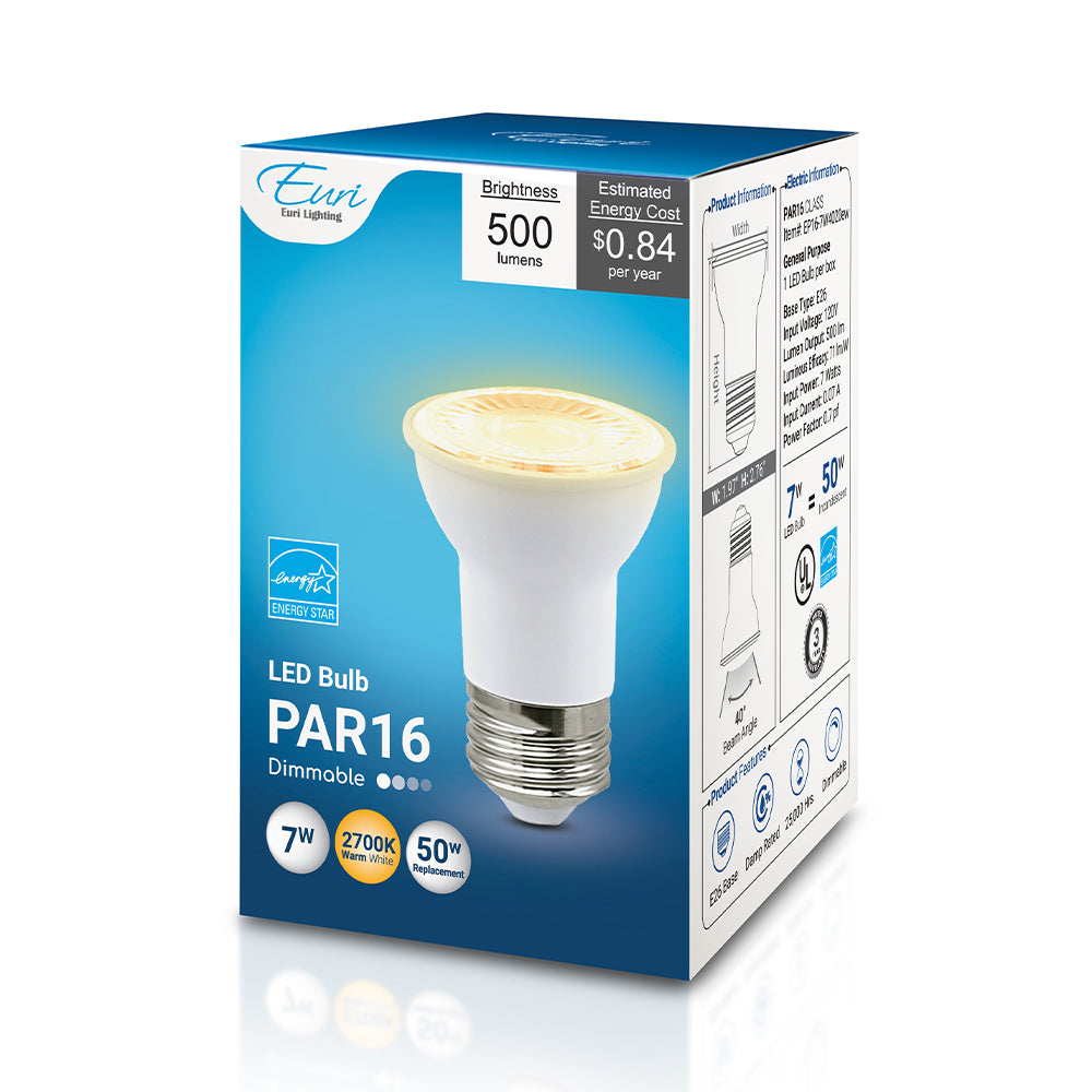 Euri Lighting PAR16 LED Lamp - 7W / 50W Equivalent - 2700K - EP16-7W4020EW packaging image