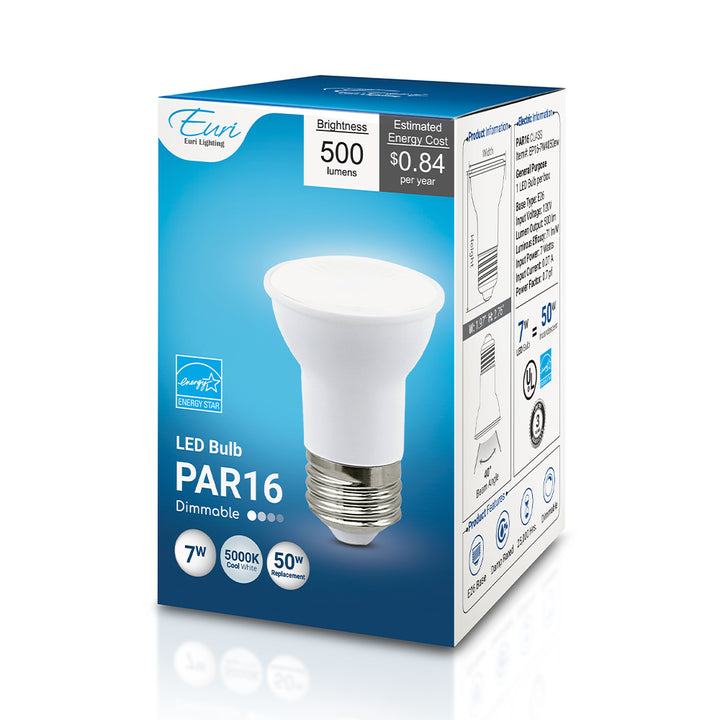 Euri Lighting PAR16 LED Lamp - 7W / 50W Equivalent - 5000K - EP16-7W4050EW packaging image