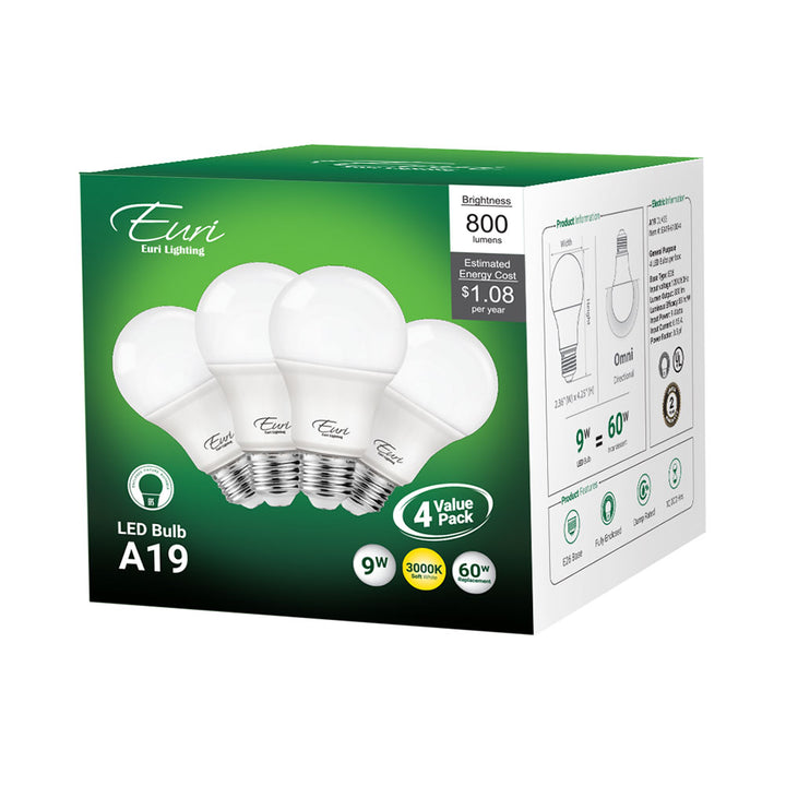 Euri Lighting A19 LED Bulb - 9W / 60W Equivalent - 3000K - EA19-6100-4 packaging image