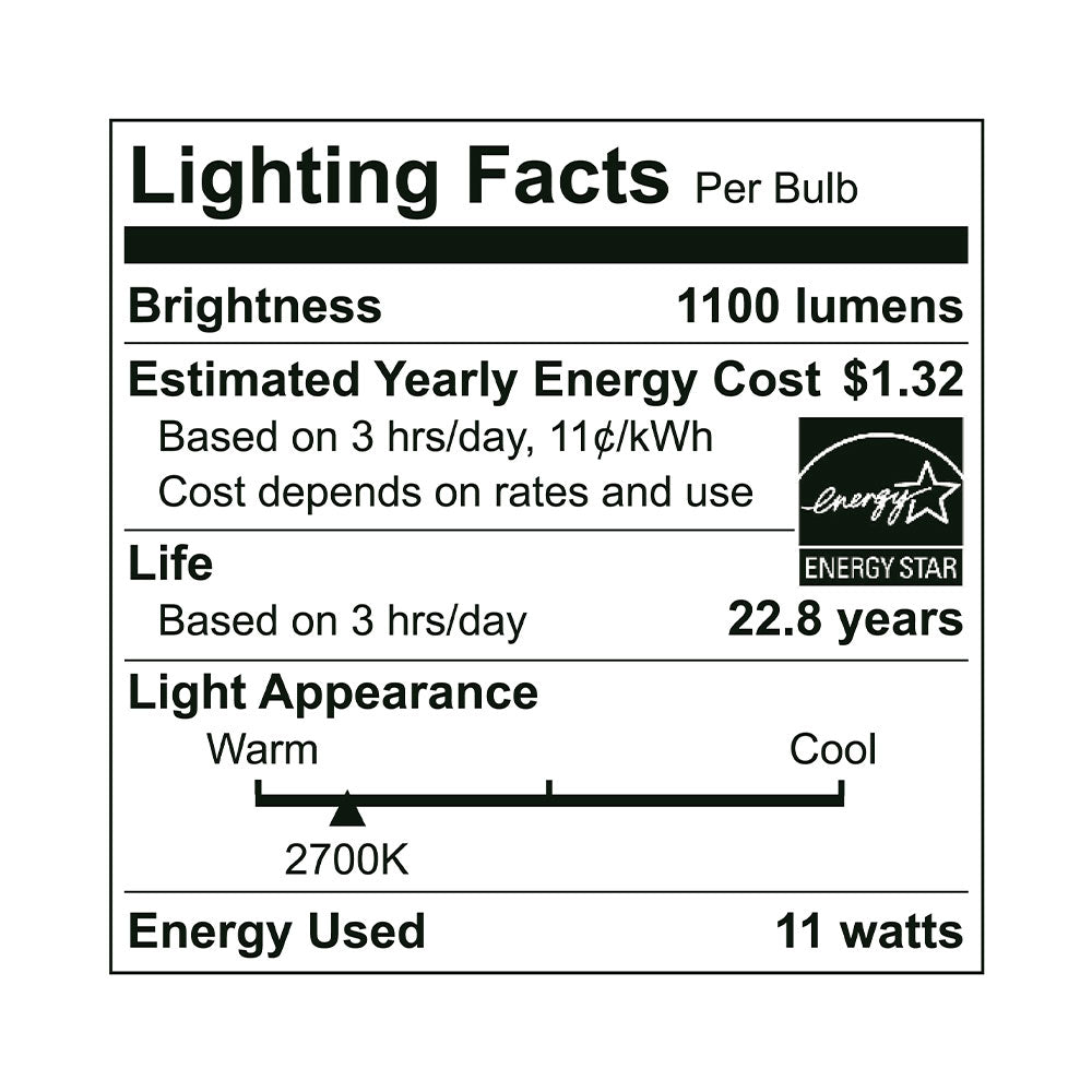 Euri Lighting A19 LED Bulb - 11W / 75W Equivalent - 2700K - EA19-11W2020EG-2 specification image