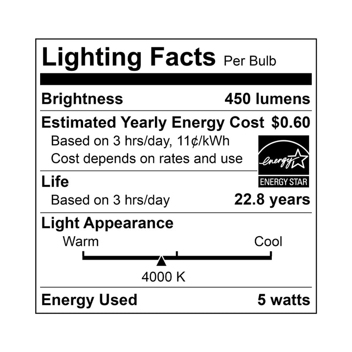 LED A19 40W Dim Energy Star CEC - EA19-5W5041CEC specification image