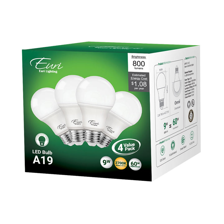 Euri Lighting A19 LED Bulb - 9W / 60W Equivalent - 2700K - EA19-6120-4 packaging image