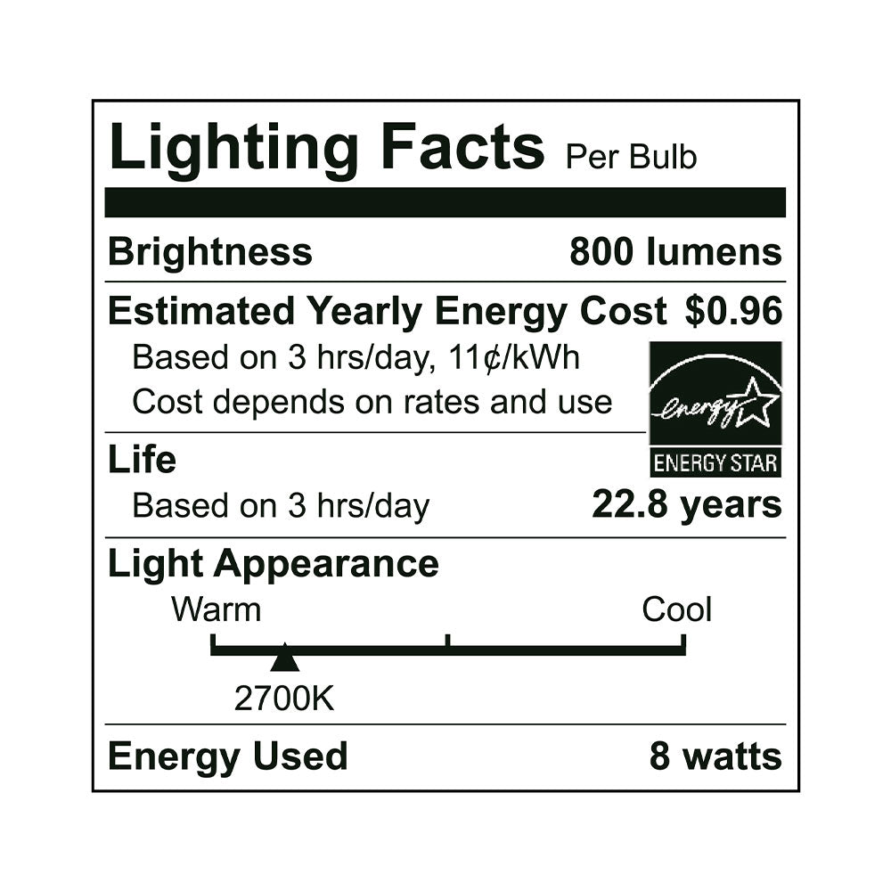 Euri Lighting A19 LED Bulb - 8W / 60W Equivalent - 2700K - EA19-8W2020EG-2 specification image