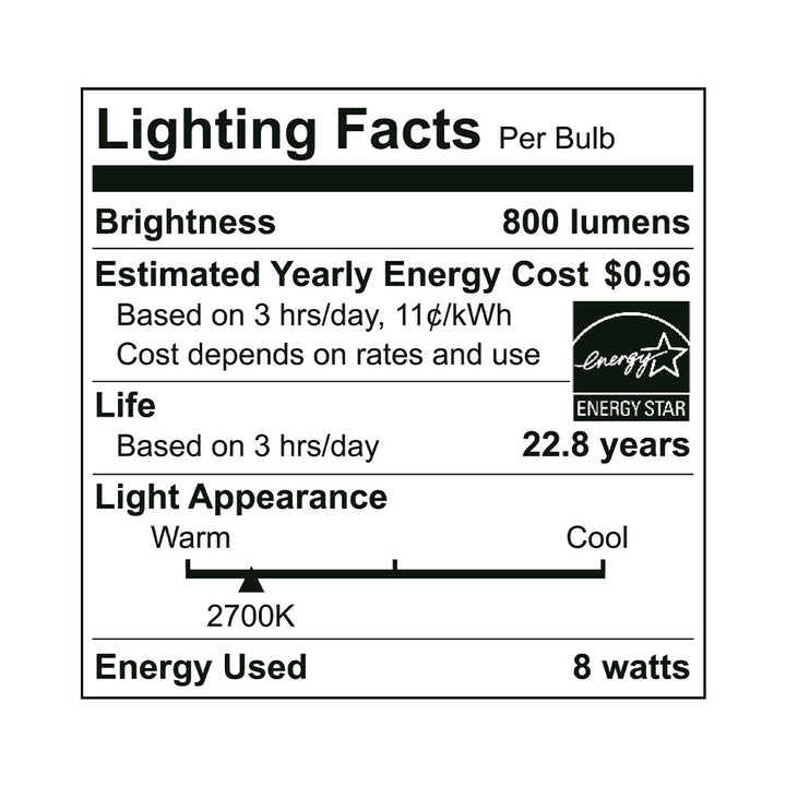 Euri Lighting A19 LED Bulb - 8W / 60W Equivalent - 2700K - EA19-8W2020EG-2 specification image