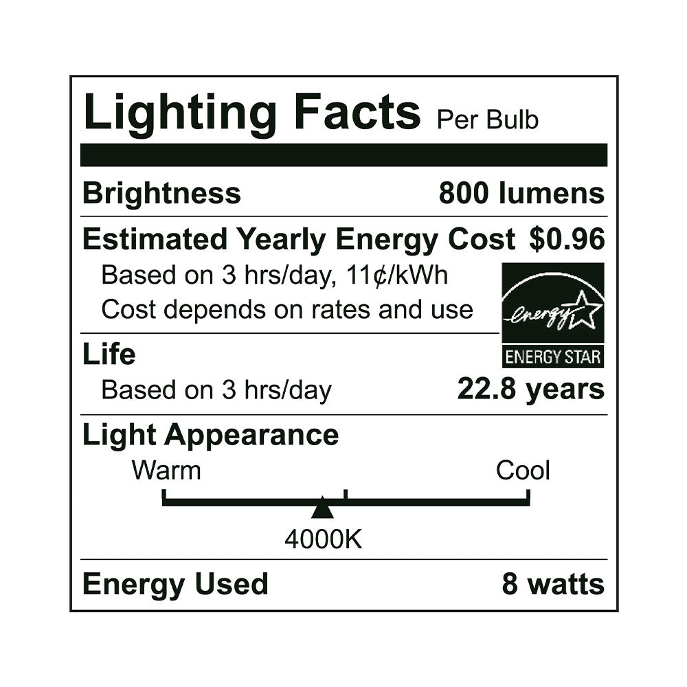 Euri Lighting A19 LED Bulb - 8W / 60W Equivalent - 4000K - EA19-8W2040EG-2 specification image