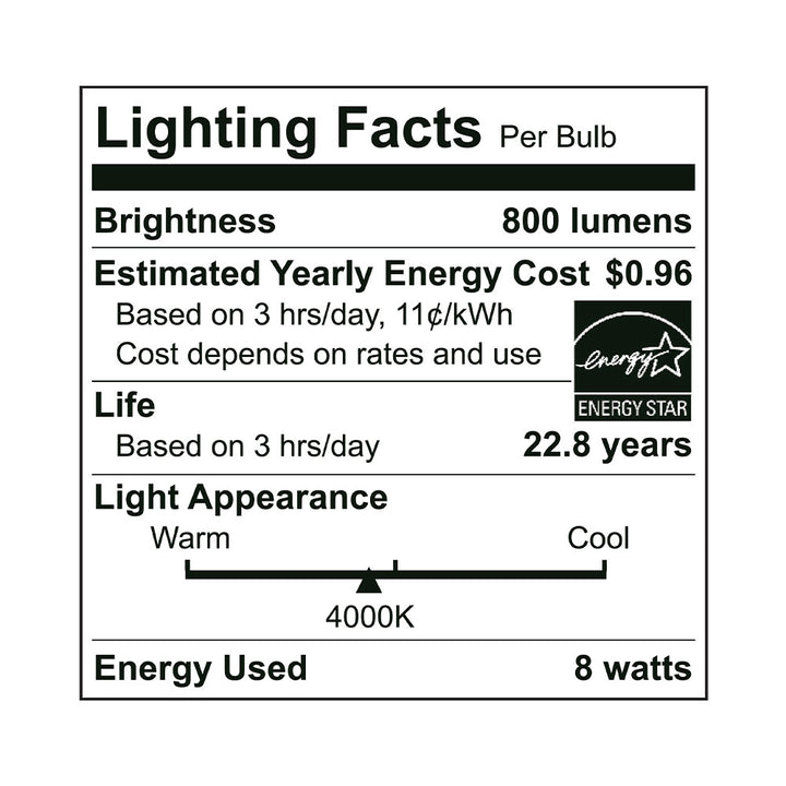Euri Lighting A19 LED Bulb - 8W / 60W Equivalent - 4000K - EA19-8W2040EG-2 specification image