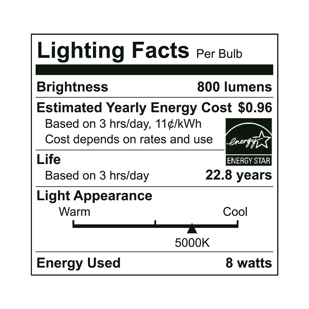 Euri Lighting A19 LED Bulb - 8W / 60W Equivalent - 5000K - EA19-8W2050EG-2 specification image