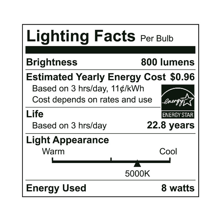 Euri Lighting A19 LED Bulb - 8W / 60W Equivalent - 5000K - EA19-8W2050EG-2 specification image