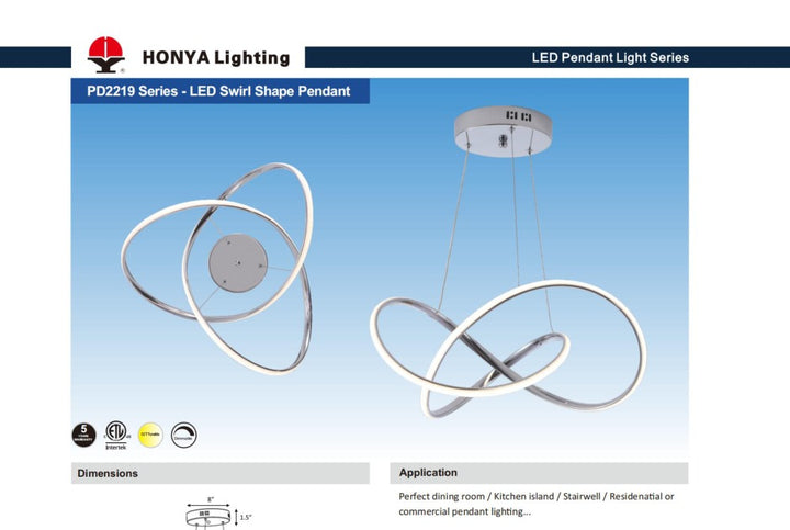 LED Pendant Chandelier Light Swirl Shape 30W Chrome installation view