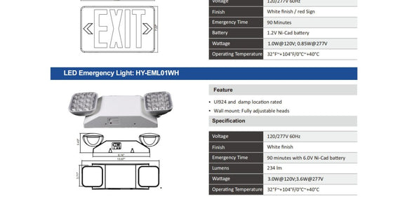 Honya LED Emergency Light 3/3.6W 100-277V